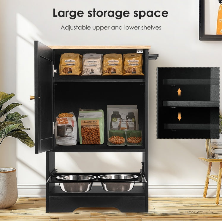 Luxury Dog Feeding Station with Cabinet Storage & Dual Bowls – Anti-Tip, Side Hooks & Concealed Design
