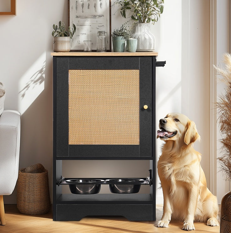 Luxury Dog Feeding Station with Cabinet Storage & Dual Bowls – Anti-Tip, Side Hooks & Concealed Design