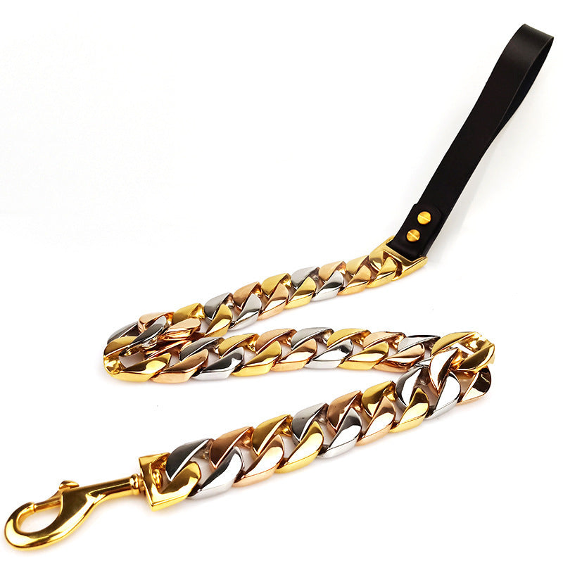Luxury Stainless Steel Dog Leash – Gold & Silver Heavy-Duty Chain with Leather Grip