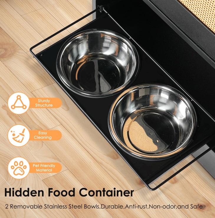Luxury Dog Feeding Station with Cabinet Storage & Dual Bowls – Anti-Tip, Side Hooks & Concealed Design